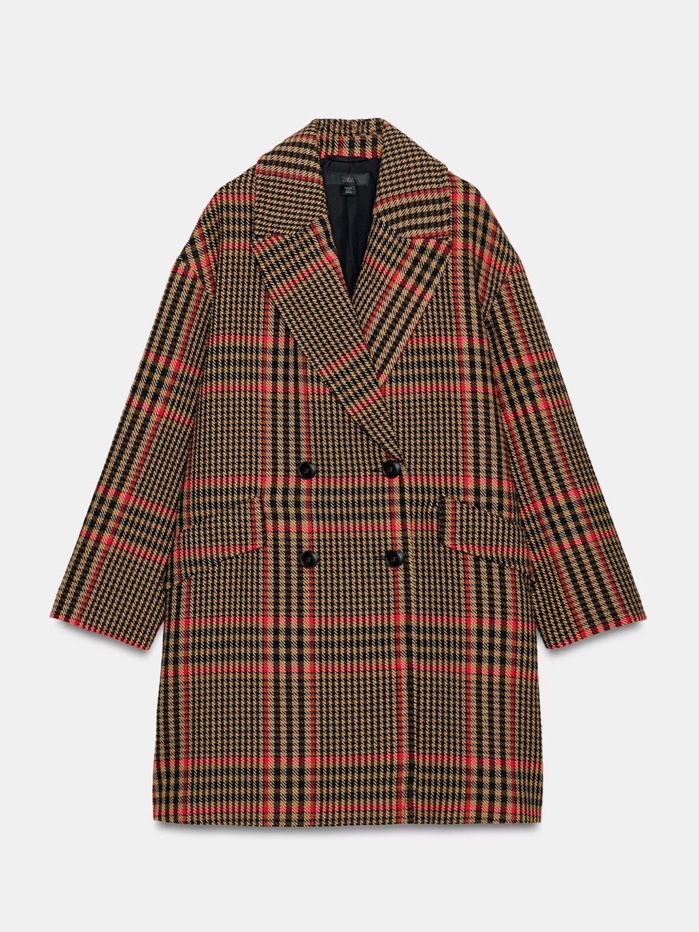 Zara Checked Double-Breasted Pea Coat in Red and Brown